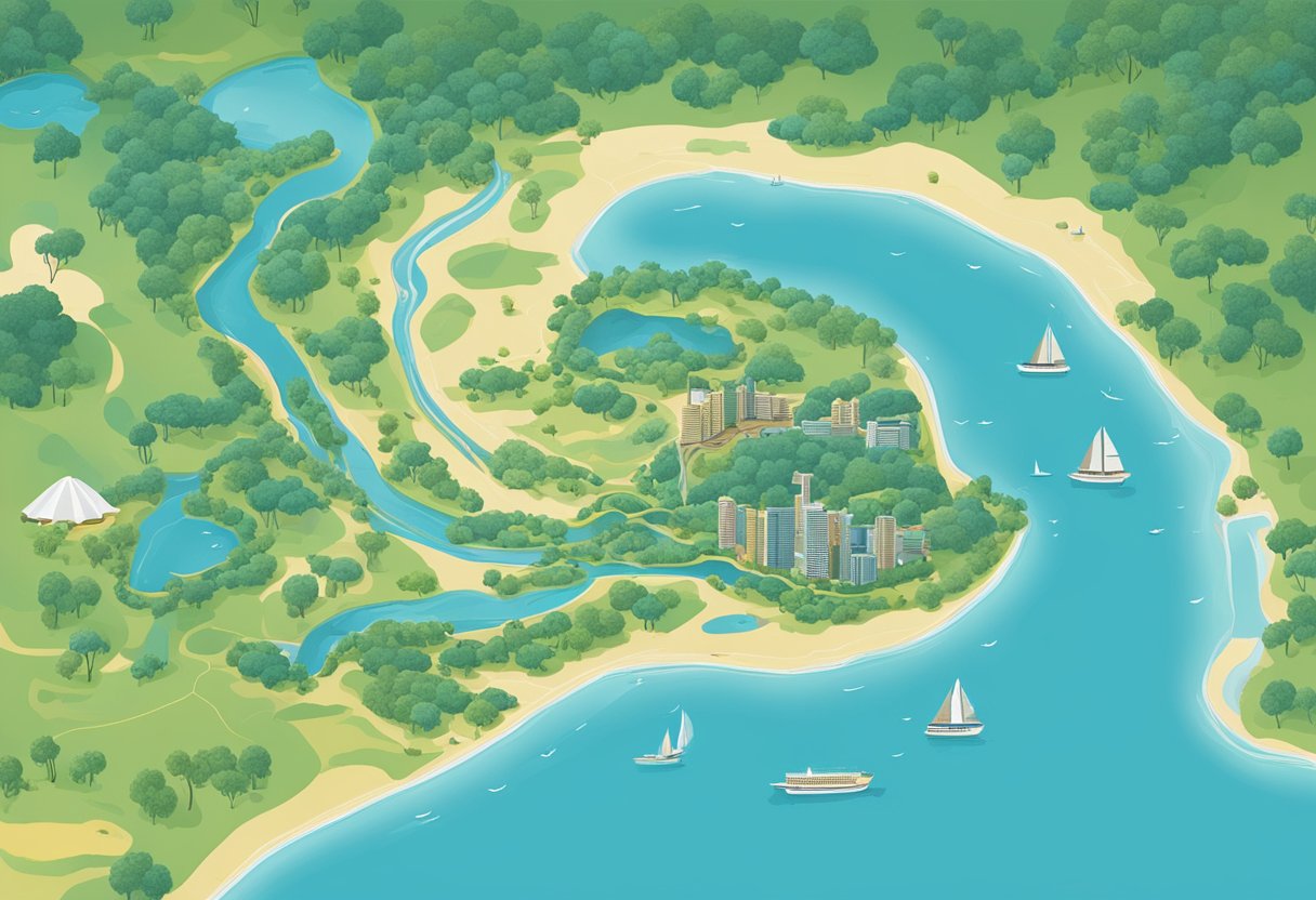 A map of Singapore with a dotted line leading to a tropical island surrounded by clear blue waters