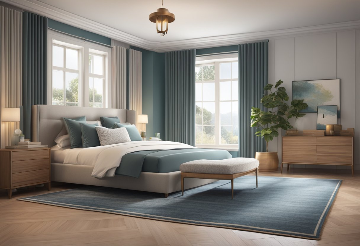 A spacious bedroom with a king-sized bed, plush pillows, and soft, luxurious bedding. A bedside table with a lamp and a cozy rug complete the scene