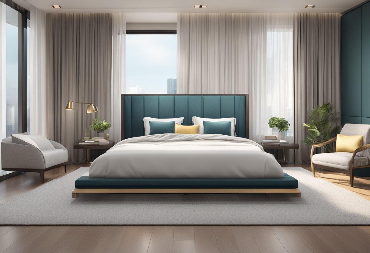 A luxurious king-sized bed with crisp white linens and plush pillows in a modern Singaporean bedroom
