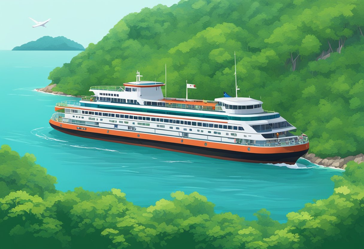 A ferry sails from Singapore to Redang Island, passing through clear blue waters and lush green islands