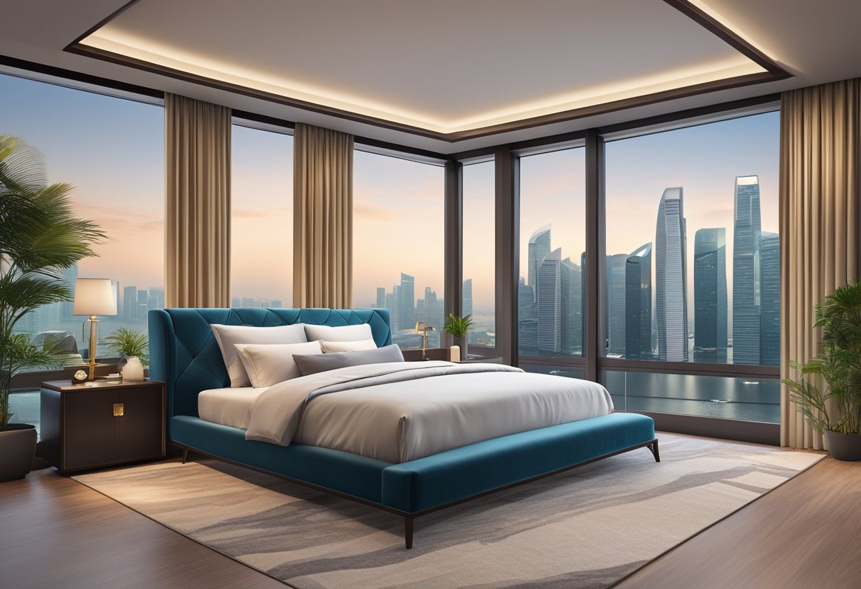 A luxurious king-size bed in a spacious room with elegant decor and soft, inviting pillows, set against a backdrop of the Singapore skyline
