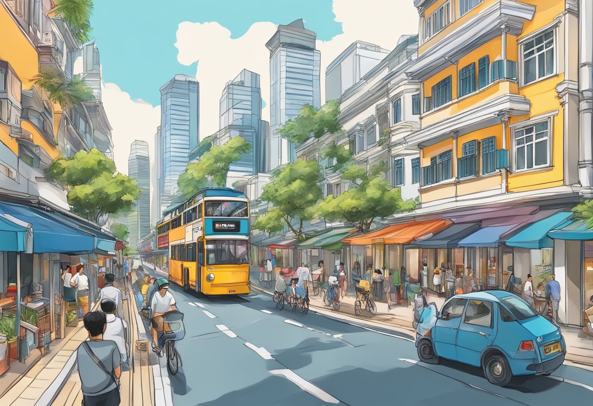 A bustling street in Singapore, with vibrant colors and modern architecture. A mix of traditional and contemporary elements, with a touch of French flair