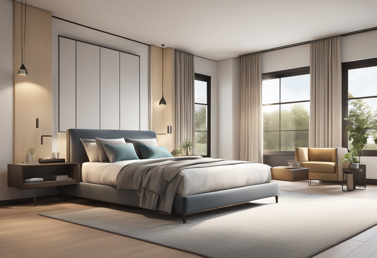 A spacious bedroom with a sleek, modern king size bed positioned against a backdrop of soft, neutral-colored walls and large windows, allowing natural light to flood the room
