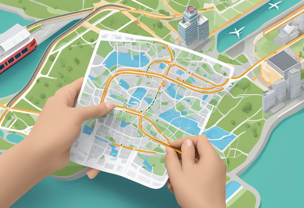 A traveler holding a JR Pass in front of a Singapore train station map
