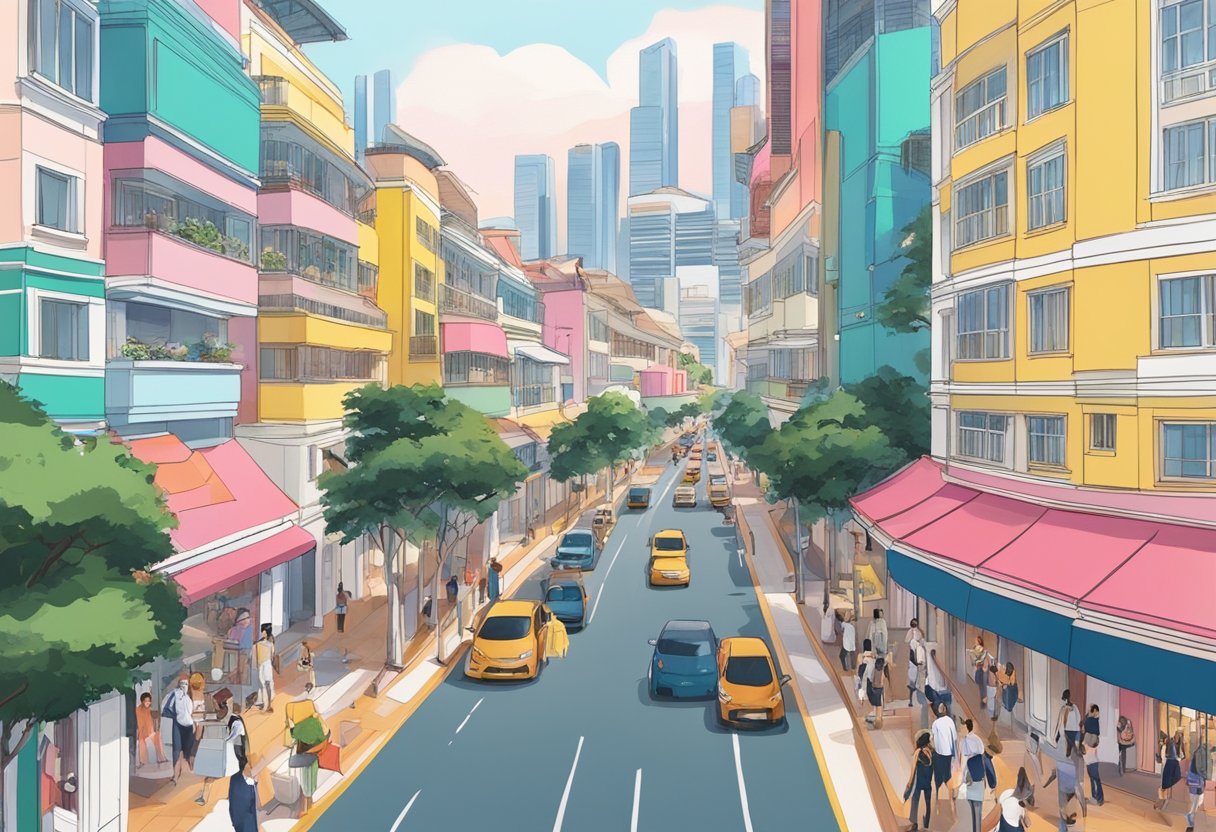 A bustling Singapore street with vibrant colors and modern architecture, showcasing the essence of Jacquemus fashion