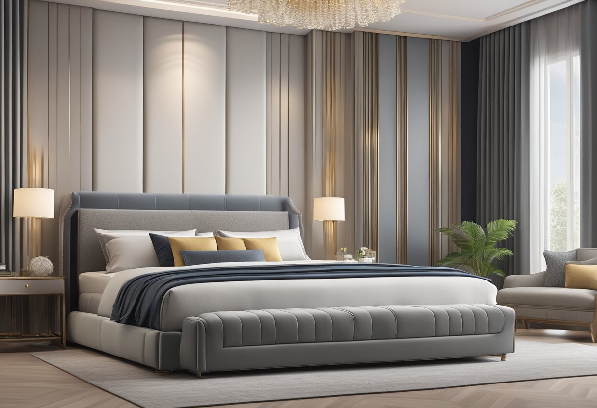 A luxurious king size bed with plush pillows, a sleek headboard, and elegant bedding, set against a backdrop of modern and sophisticated bedroom decor