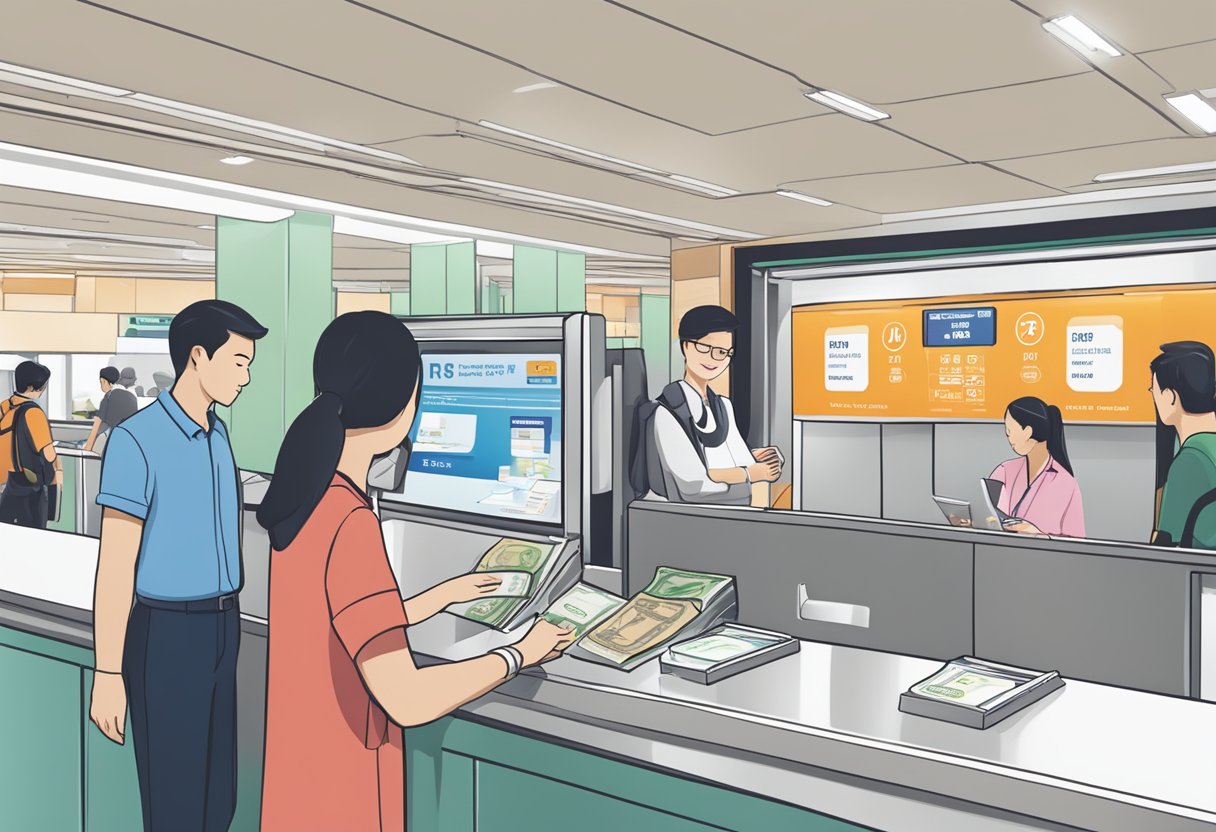 A traveler at a ticket counter in Singapore, exchanging money for a JR Pass and receiving a brochure with information