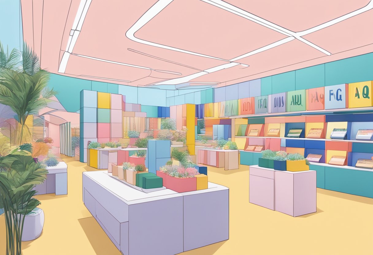 A colorful display of FAQ signs at a bustling Jacquemus store in Singapore