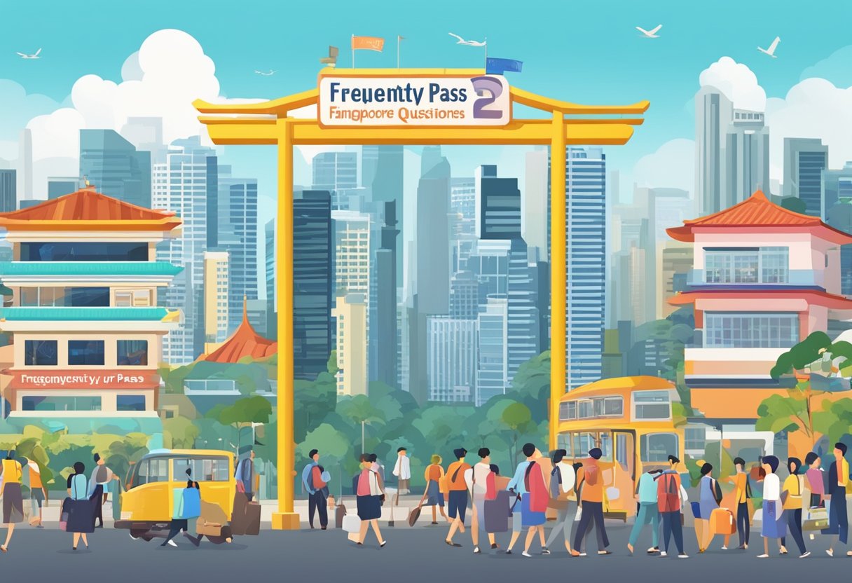 A colorful signboard with "Frequently Asked Questions" and "JR Pass Singapore" displayed, surrounded by tourists and a bustling cityscape in the background