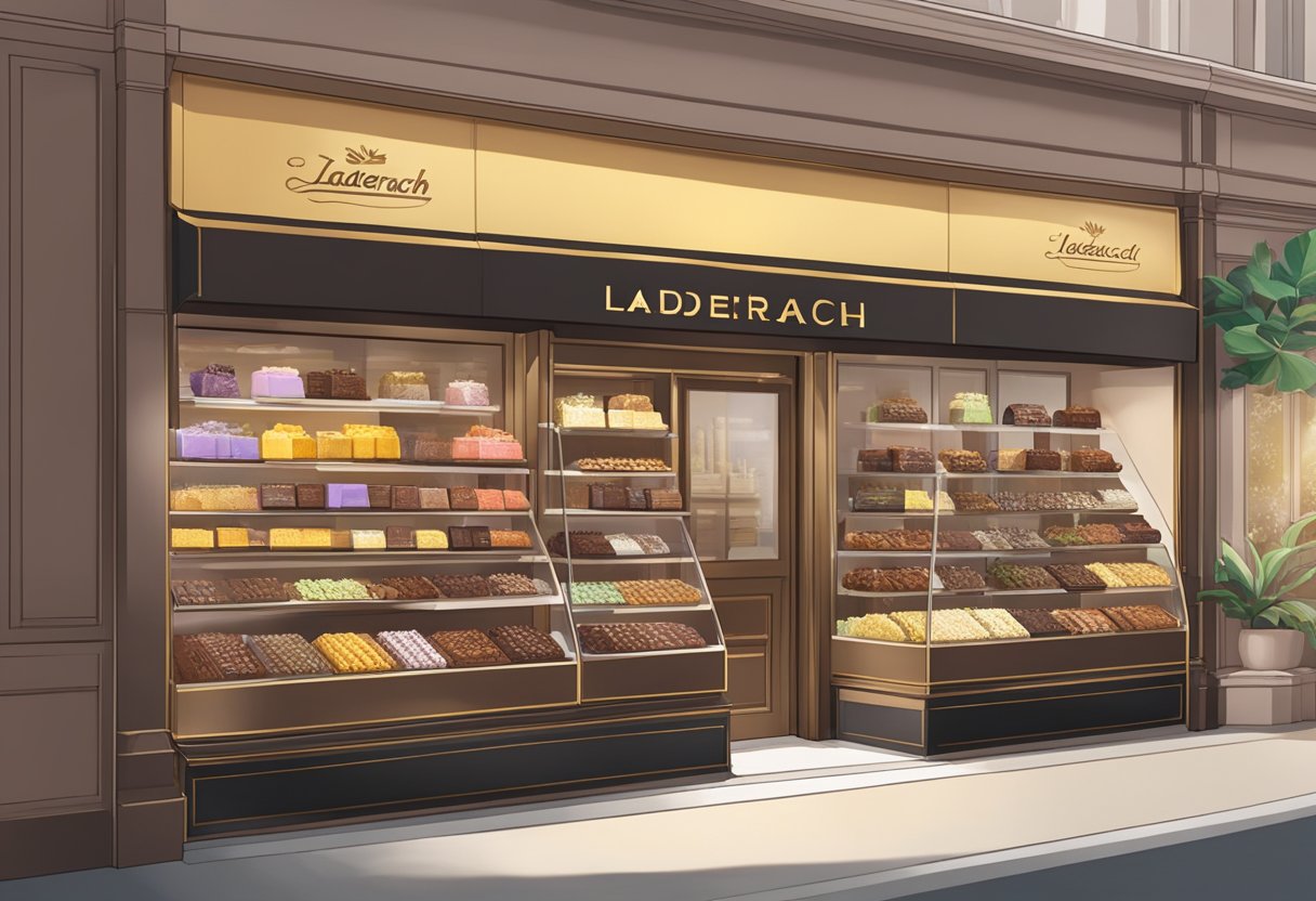 A display of Laderach chocolates in a Singaporean storefront, showcasing a variety of colorful and decadent chocolate treats