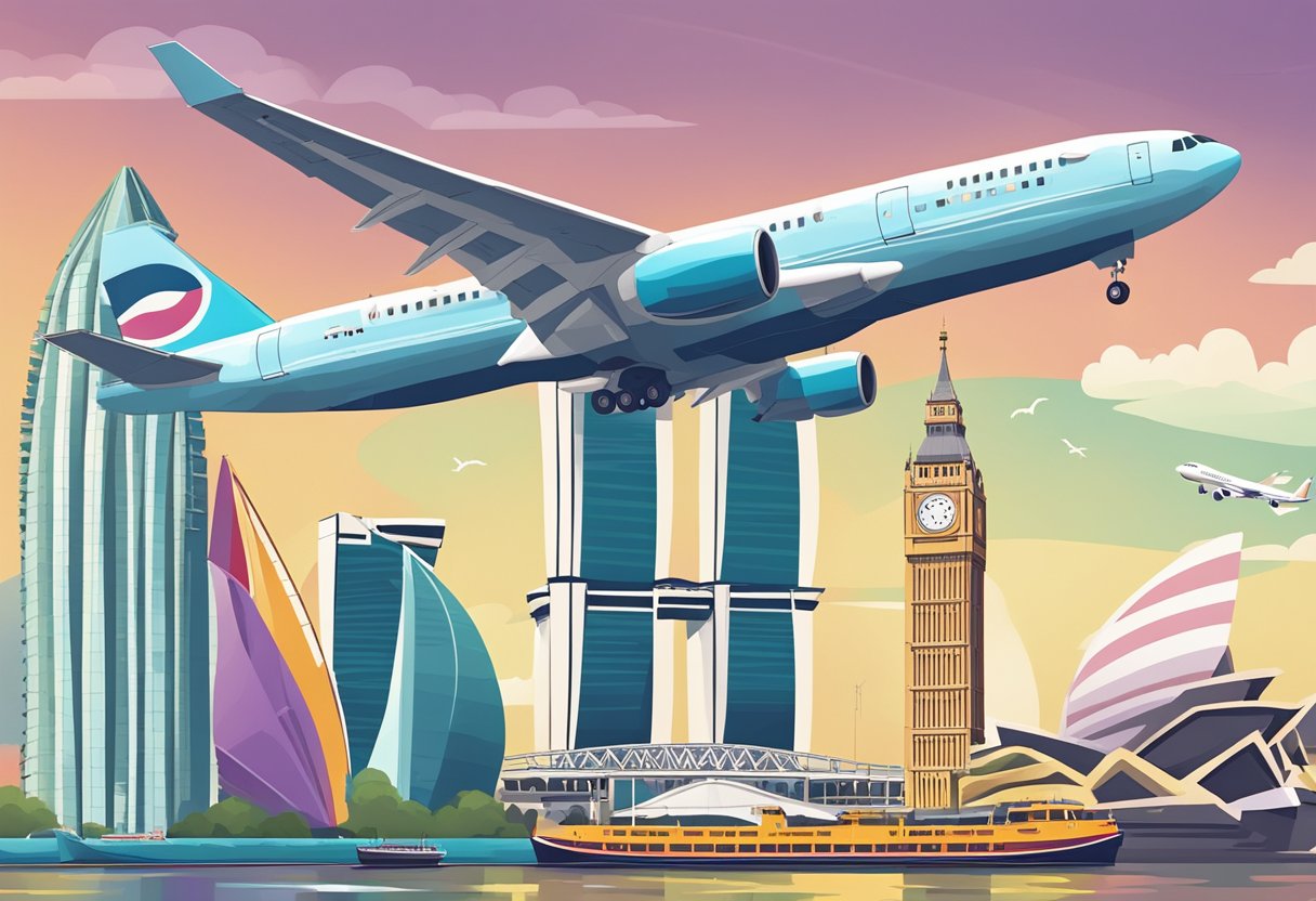 A plane flying over iconic landmarks from London to Singapore