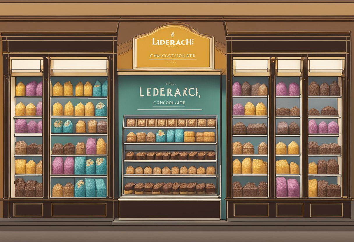 A display of Läderach Chocolate in a vibrant Singaporean storefront, showcasing a variety of decadent chocolate creations