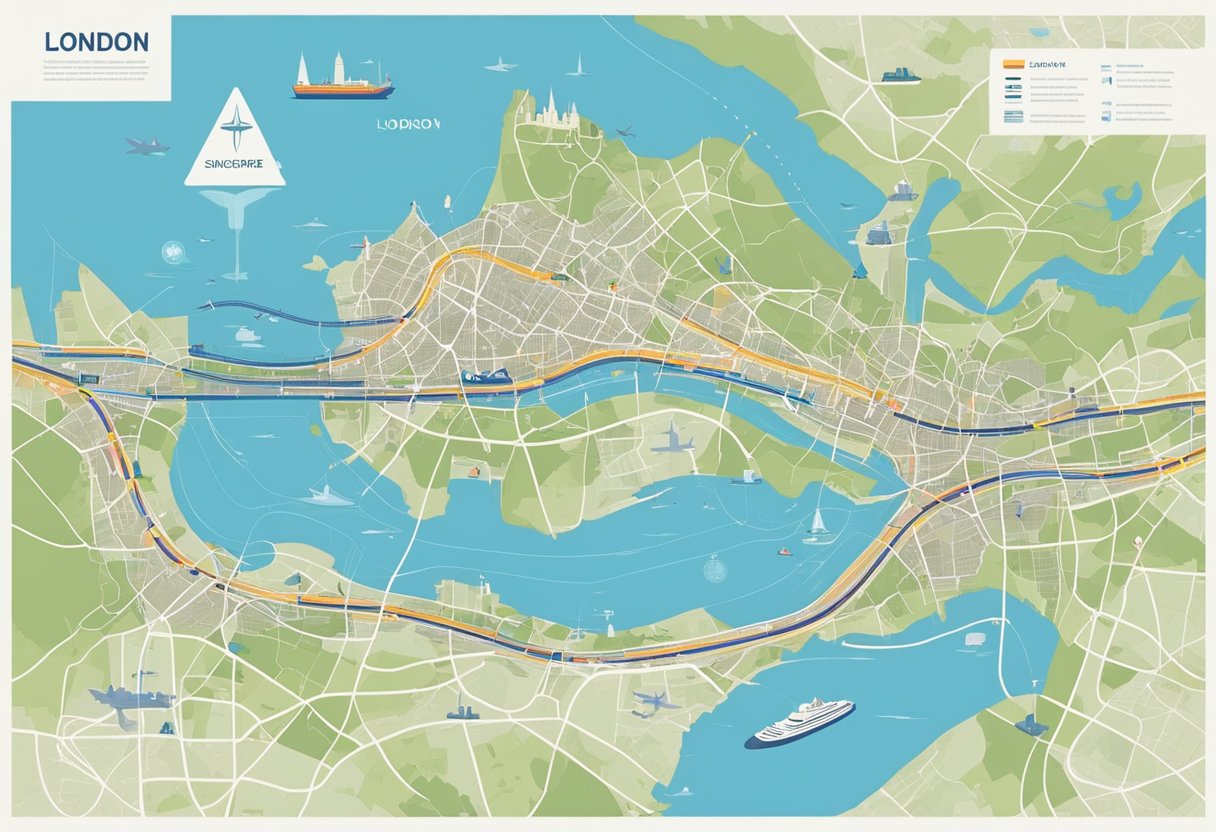A map of London and Singapore with a dotted line connecting the two cities. Various transportation modes, such as planes and ships, are shown along the route