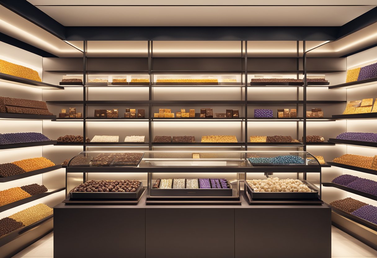 A display of Läderach chocolate bars and truffles, arranged on sleek, modern shelves in a brightly lit boutique setting