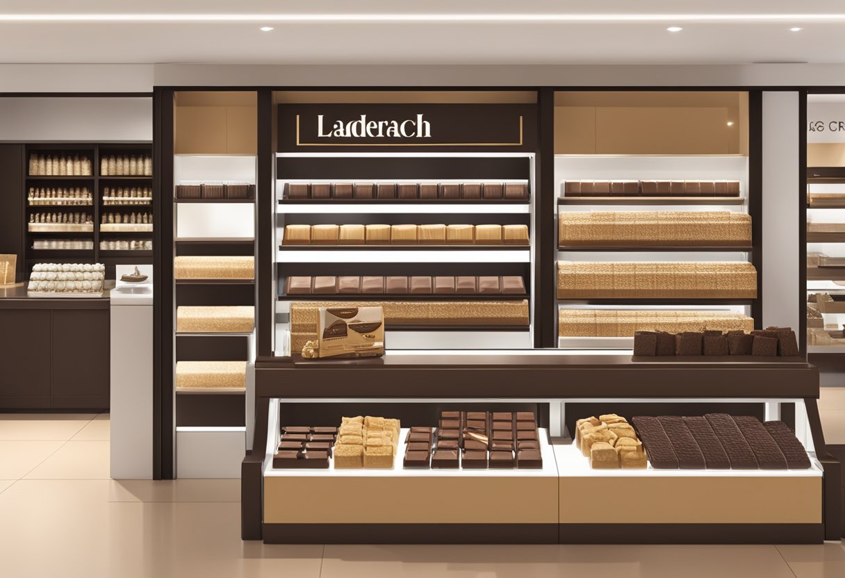 A display of Laderach chocolate products in a modern and sleek Singaporean storefront, with a prominent "Frequently Asked Questions" sign