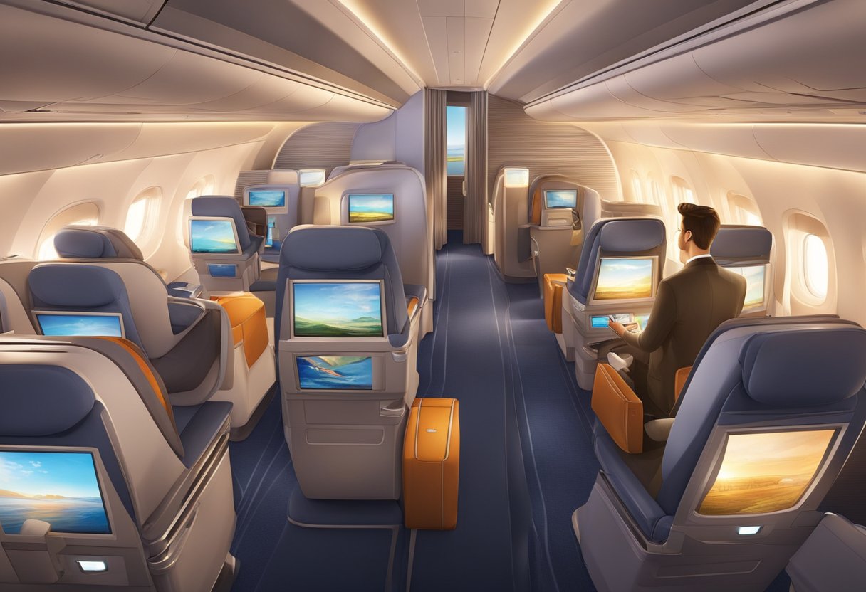 Passengers enjoy luxurious amenities on a modern aircraft flying from London to Singapore. The cabin is spacious and comfortable, with ambient lighting and attentive service