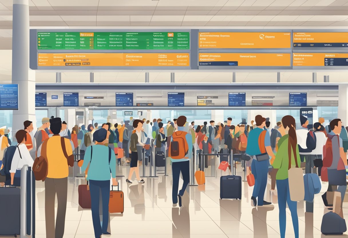 A busy airport terminal with a large departures board showing "London" and "Singapore" among other destinations, with people queuing at airline check-in counters