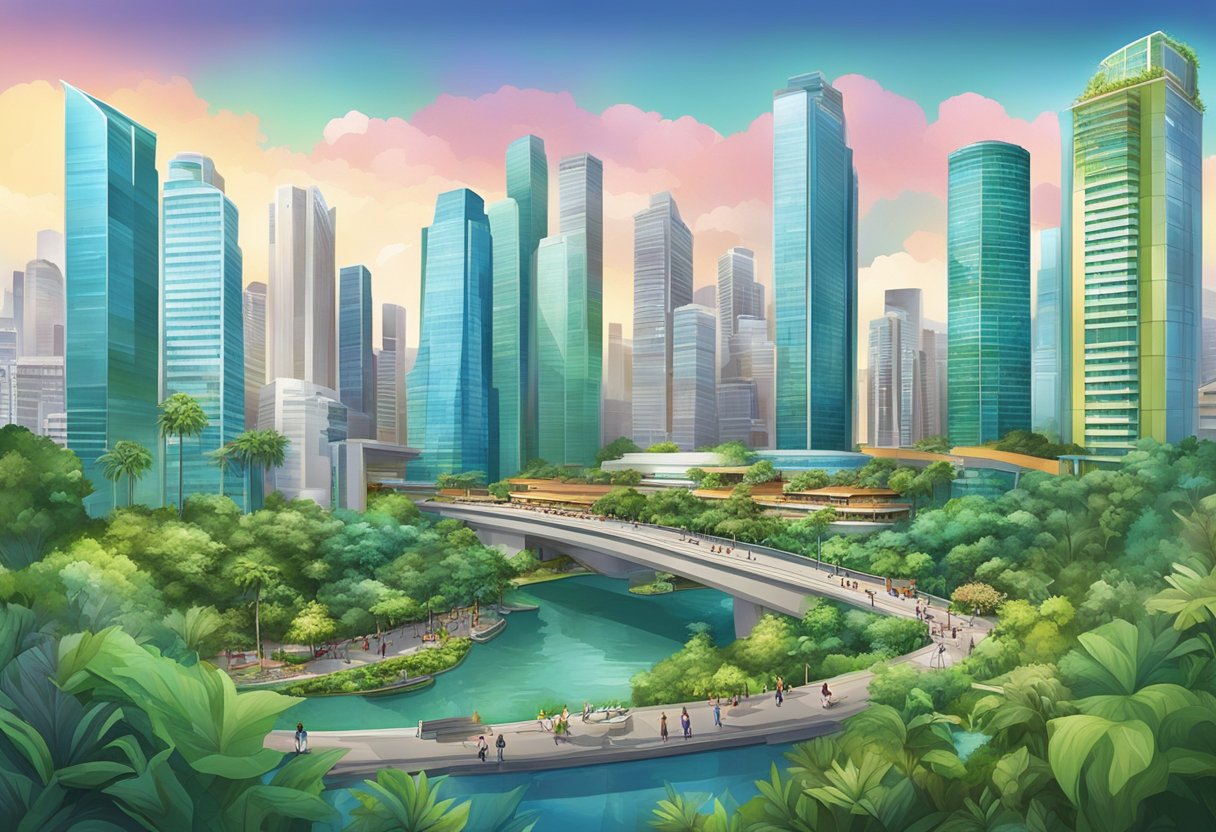 A bustling cityscape with modern skyscrapers, lush greenery, and a vibrant mix of cultures in Kumar, Singapore