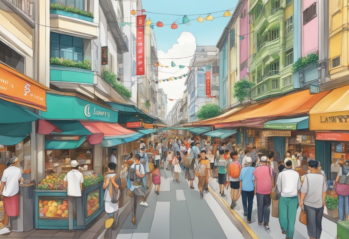 A bustling street in Lawry's Singapore, with colorful shopfronts and bustling crowds