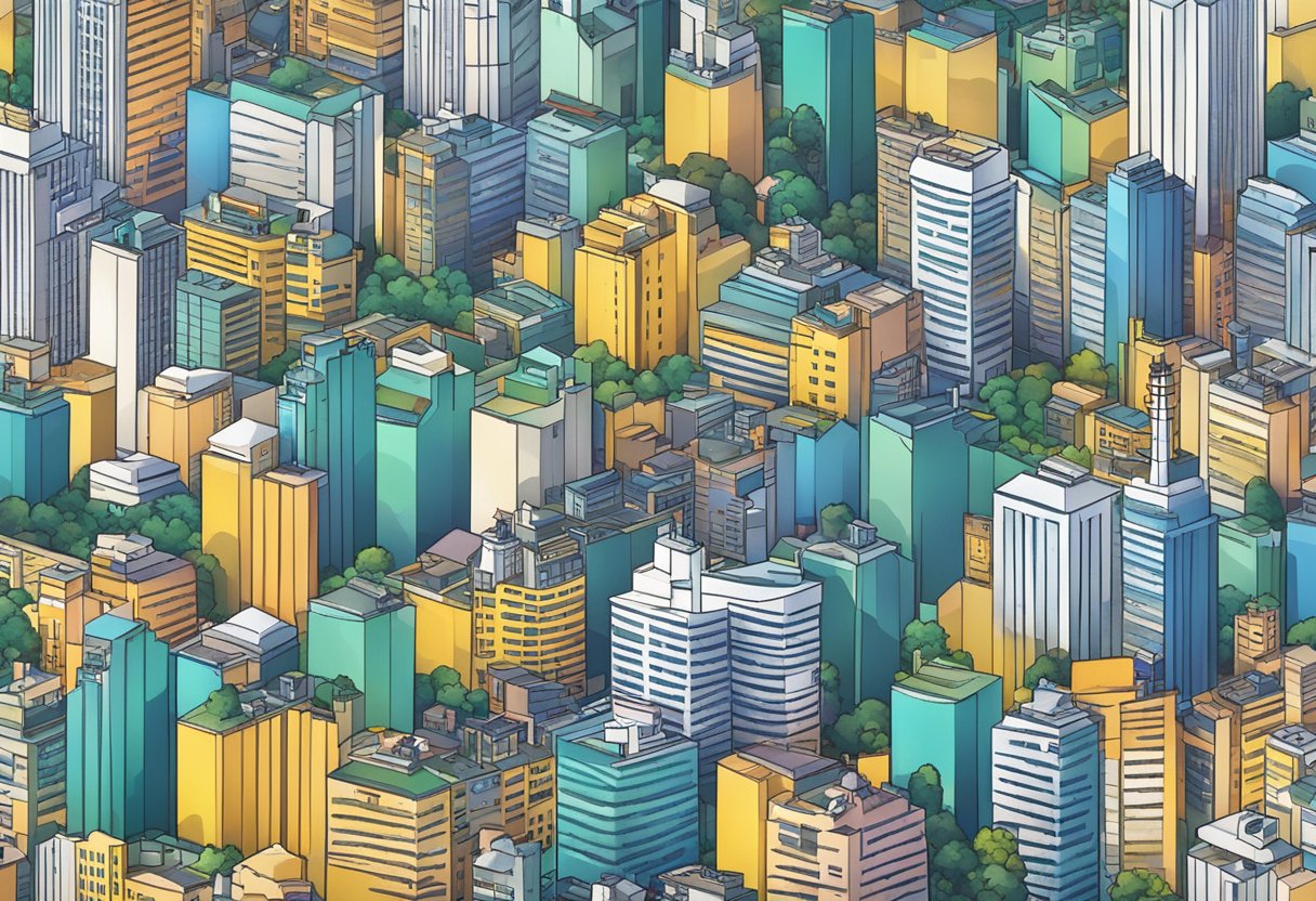 Vibrant cityscape with iconic buildings, bustling streets, and a radio tower broadcasting live music and news in Singapore