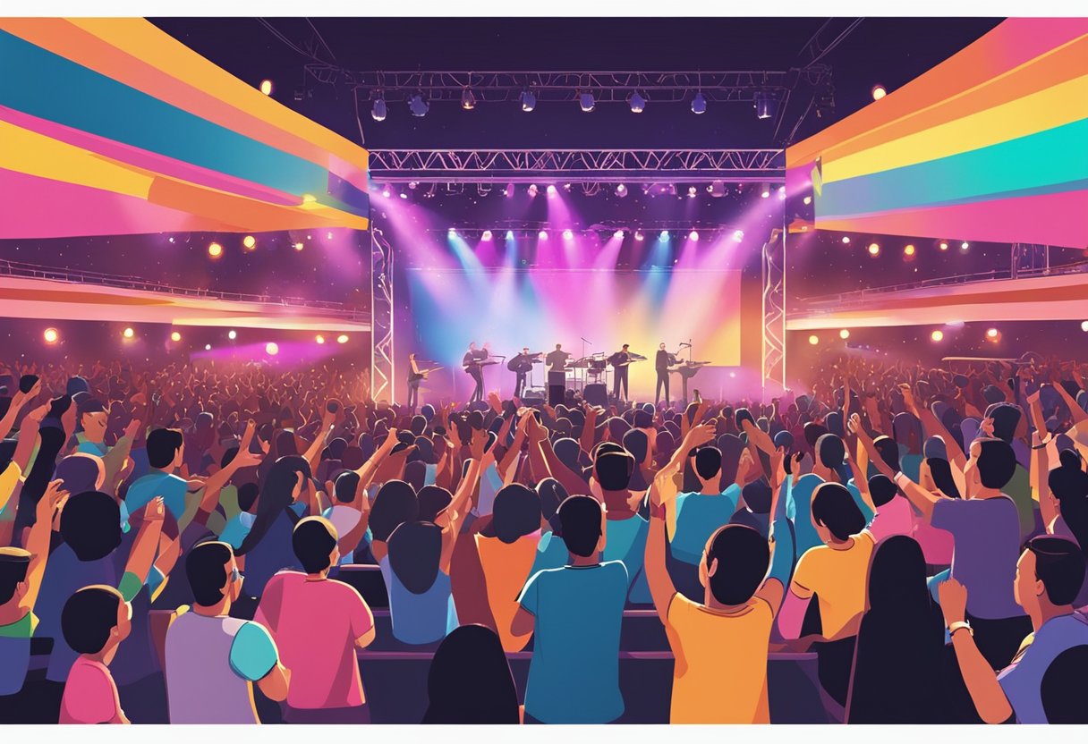 Vibrant stage with colorful lights, crowd cheering, and musicians performing at the iconic Kumar Singapore venue