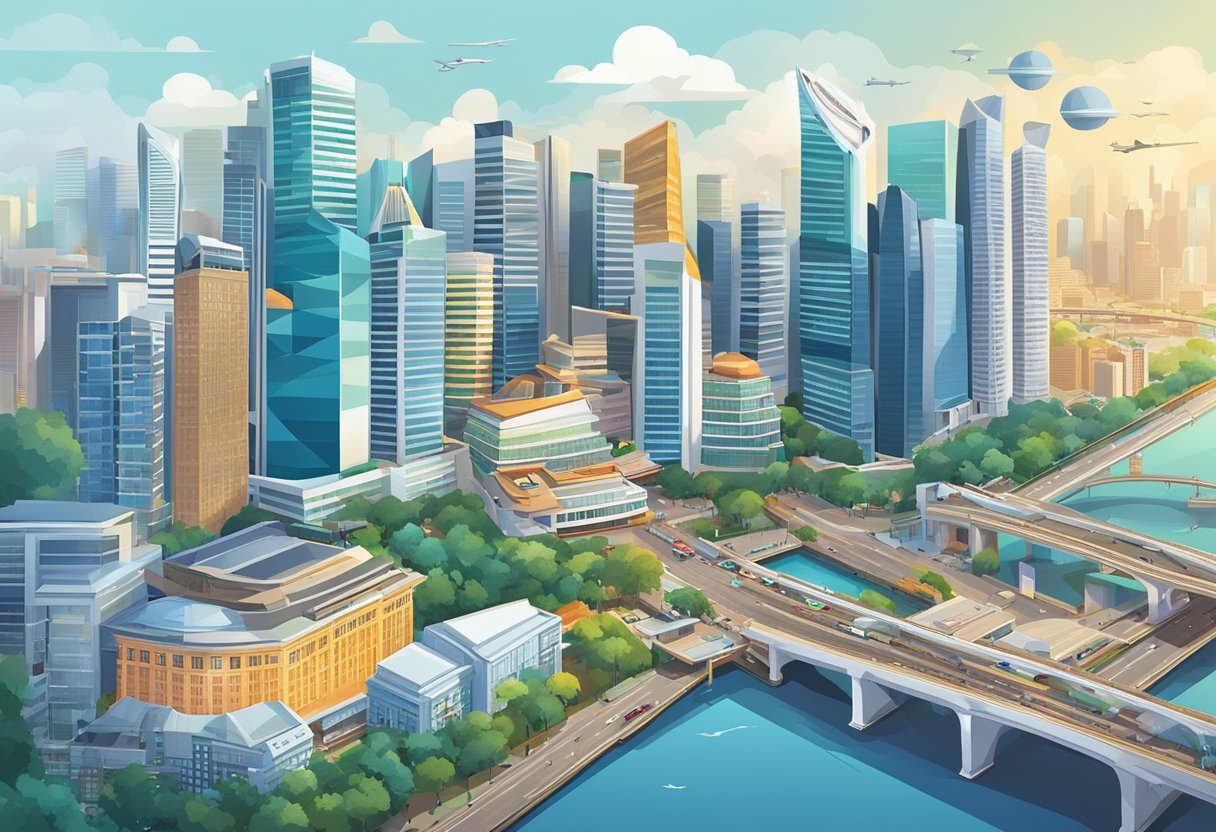 A bustling cityscape with iconic landmarks, high-rise buildings, and vibrant streets, showcasing the diverse and dynamic radio landscape of Singapore