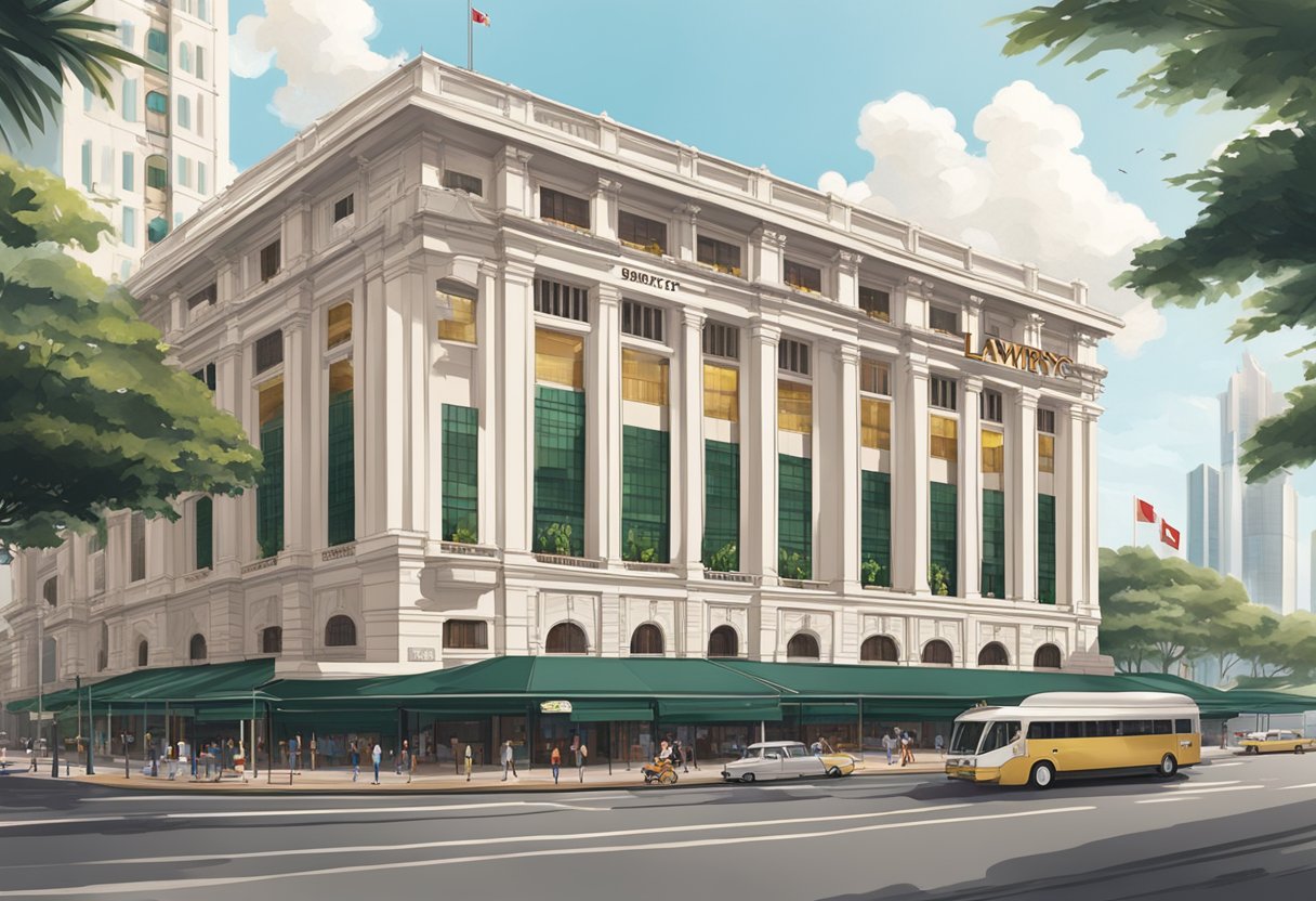 The exterior of Lawry's Singapore, with its iconic sign and elegant architecture, set against a bustling city backdrop