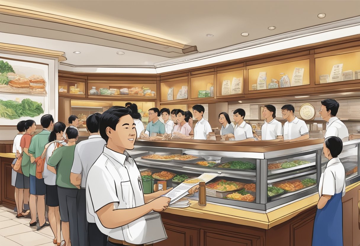 Customers line up at the Lawry's Singapore counter, pointing at the menu and asking questions to the staff. The restaurant is busy with a mix of locals and tourists
