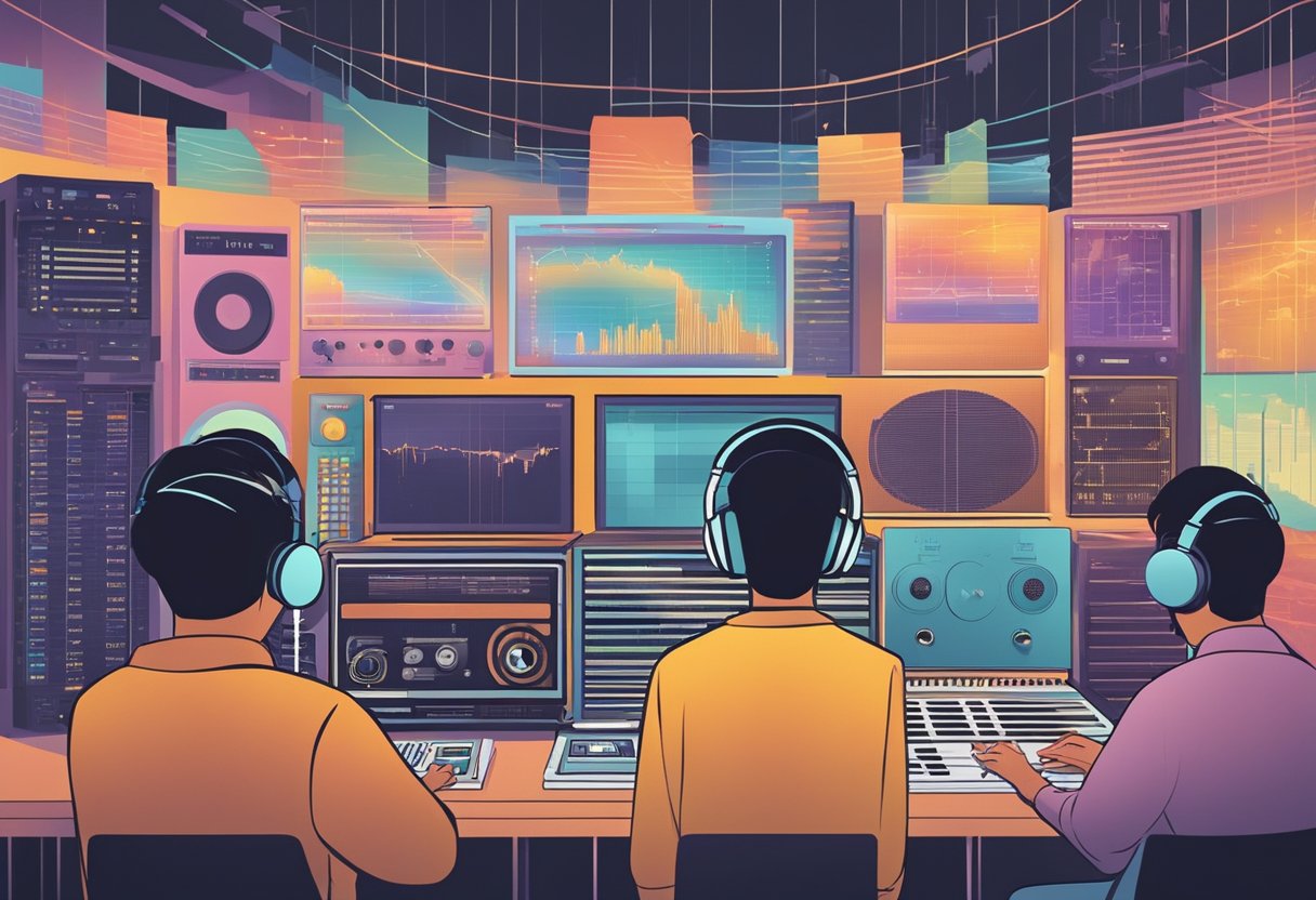 People tuning into live radio in Singapore, with various radio stations displayed on a digital interface, while sound waves emanate from the device