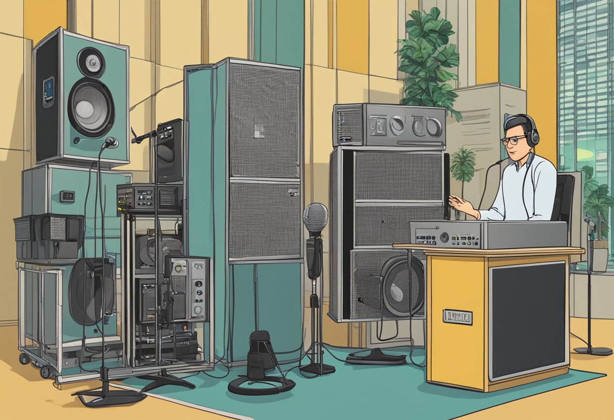 A radio host speaks into a microphone, surrounded by soundproof walls and equipment. A sign reads "Frequently Asked Questions live radio singapore."
