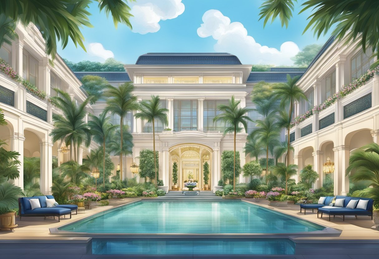 The Ritz Singapore, a luxurious hotel with a grand lobby, chandeliers, and elegant furnishings, surrounded by lush gardens and a sparkling pool