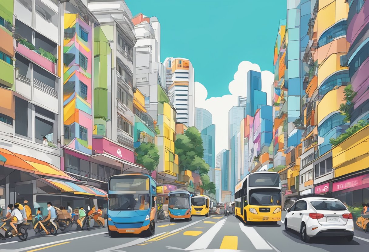 A bustling city street in Singapore, with colorful buildings, busy traffic, and the iconic "mah motor" sign prominently displayed