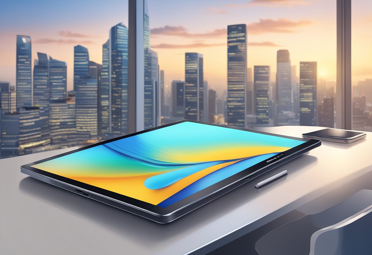 A Samsung tablet sits on a sleek, modern desk in a brightly lit room in Singapore. The city skyline can be seen through the window in the background