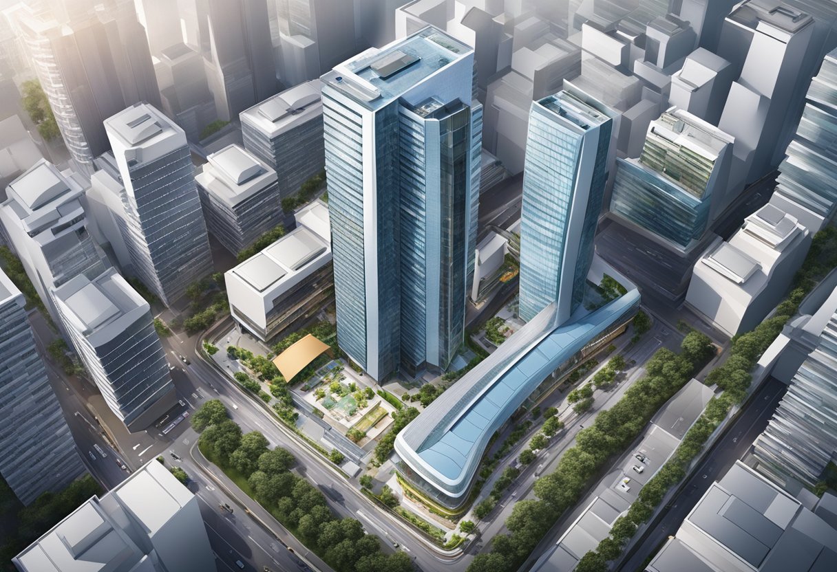 An aerial view of Mah Motor Singapore, showcasing the sleek and modern architecture of the building, surrounded by a bustling cityscape