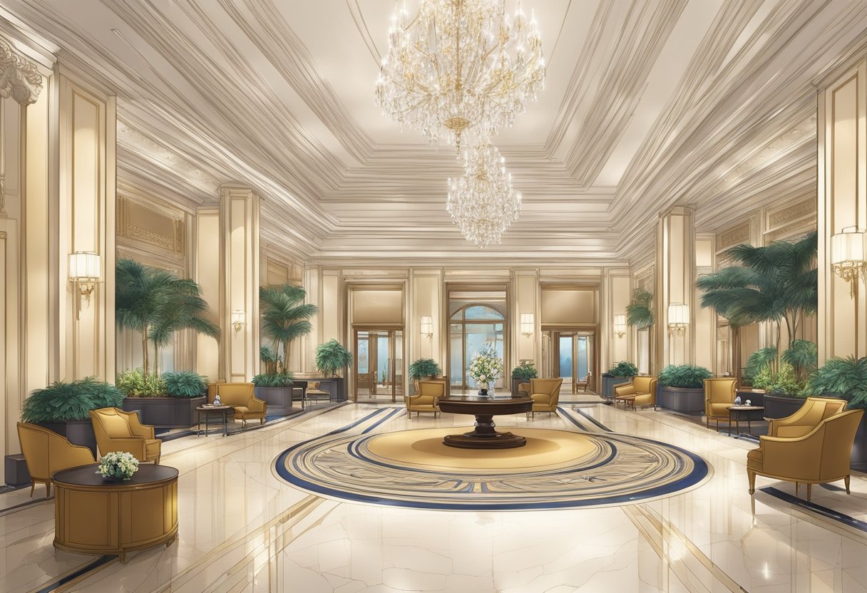 The elegant lobby of the Ritz Singapore features luxurious furnishings and a grand chandelier, with a concierge desk and comfortable seating areas for guests