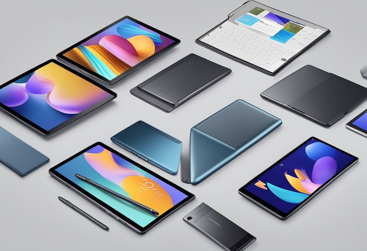 Various Samsung tablet models displayed with their features, including size, color, and specifications, in a sleek and modern setting