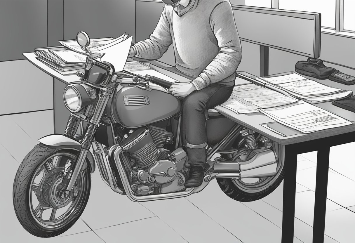 A person fills out a registration form for a motorcycle at a desk in a government office. The form is stamped and handed back
