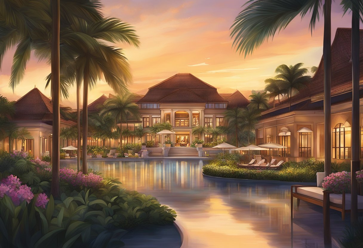 The sun sets over the luxurious Sofitel Singapore Sentosa Resort & Spa, casting a warm glow over the palm trees and elegant architecture