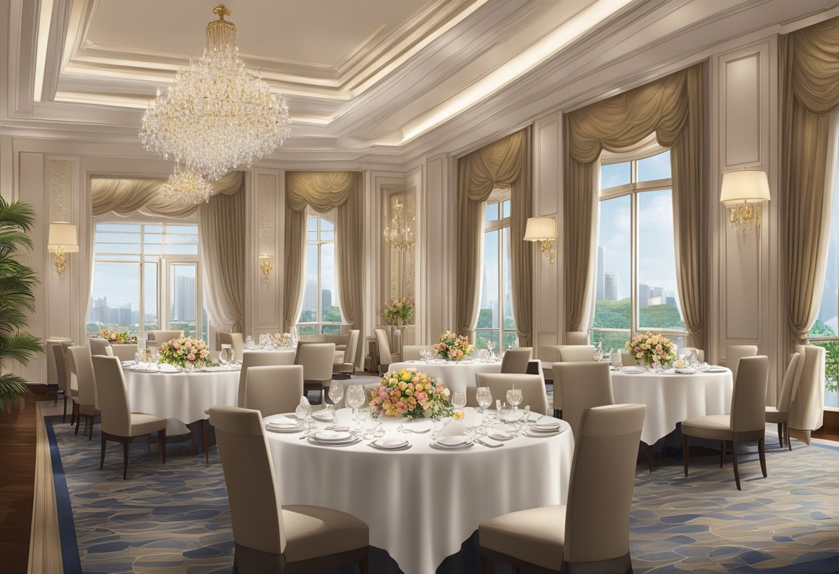 A lavish dining room with elegant table settings, exquisite cuisine, and attentive service at the Ritz-Carlton in Singapore