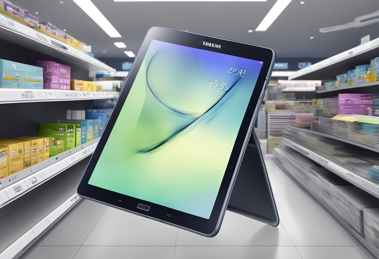 A Samsung tablet displayed with technical specs in a Singapore store