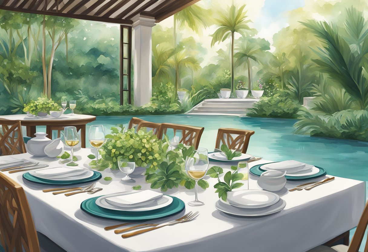 A table set with elegant dinnerware and surrounded by lush greenery and a serene pool at Sofitel Singapore Sentosa Resort & Spa