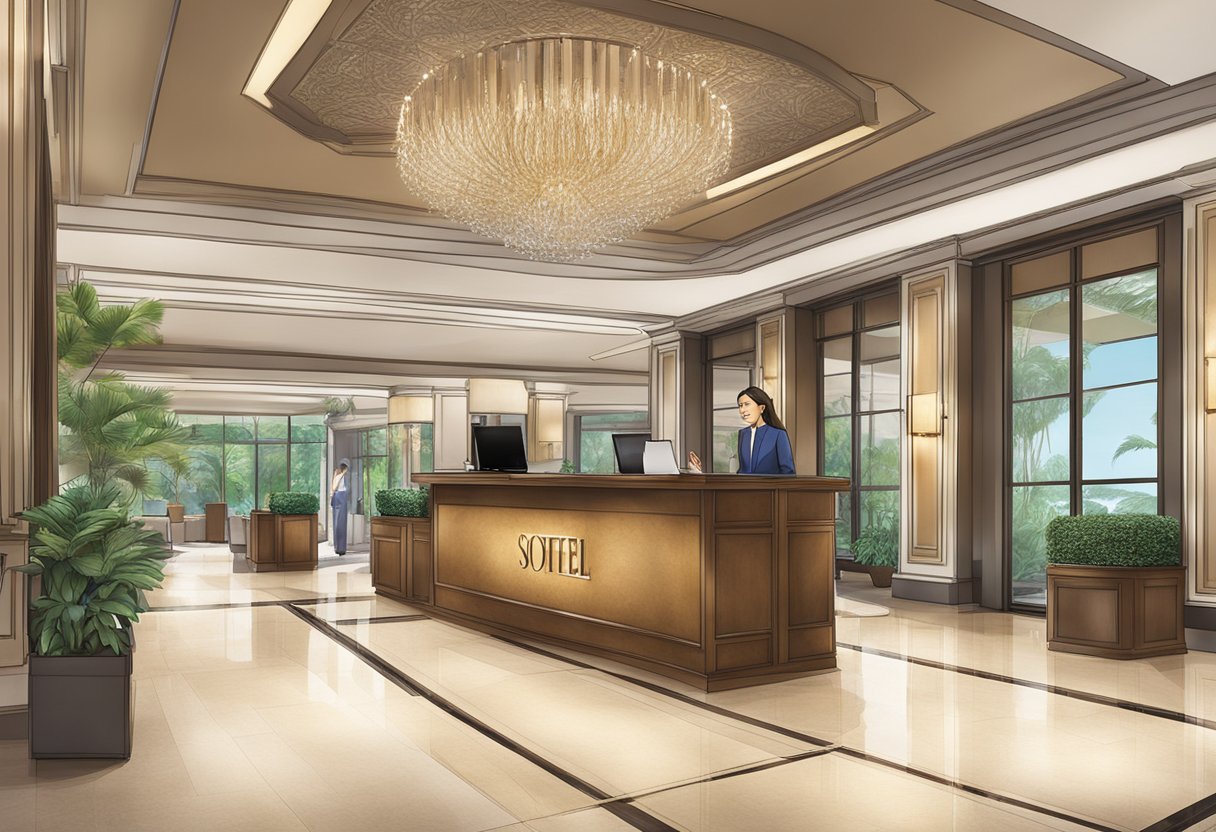 The reception area at Sofitel Singapore Sentosa Resort & Spa, with a prominently displayed sign for "Frequently Asked Questions"