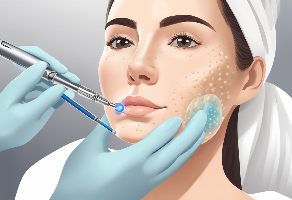 A dermatologist performs microneedling on a client's skin, using a small handheld device with fine needles to create tiny punctures, stimulating collagen production