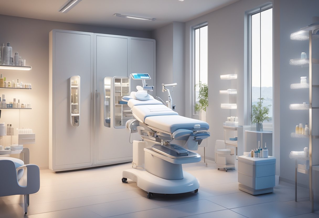 A sterile, well-lit treatment room with a microneedling device and skincare products neatly arranged on a trolley. A professional setting with a calm and clinical atmosphere
