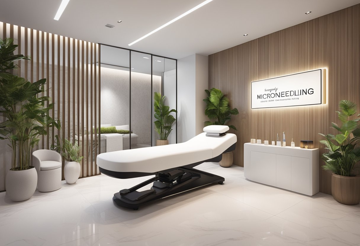 A serene spa room with a cozy atmosphere, a professional microneedling device on a clean, white table, and a sign displaying "Frequently Asked Questions about Microneedling Singapore" on the wall