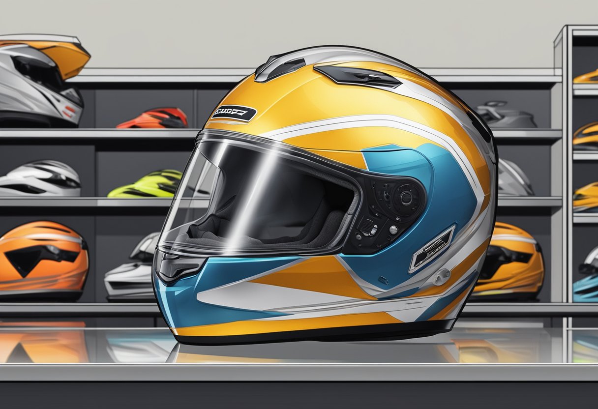 A sleek motor helmet sits on a shelf in a Singapore shop