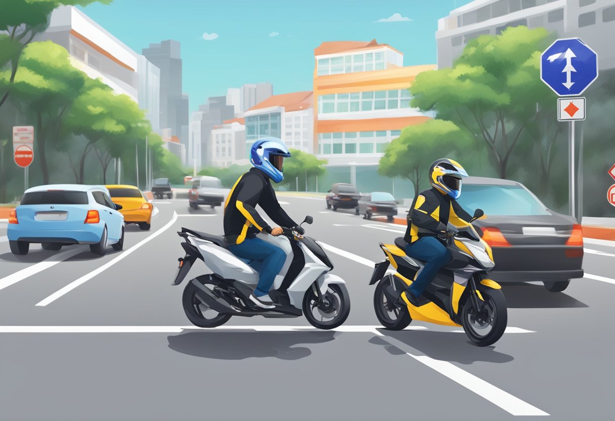 A motorcyclist in Singapore wearing a helmet with the safety certification sticker, riding on a well-maintained road with clear traffic signs