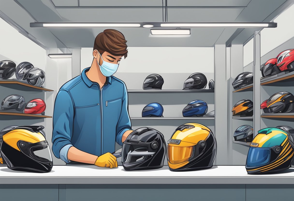 A person carefully selects and inspects a motorcycle helmet, then cleans and polishes it to maintain its quality