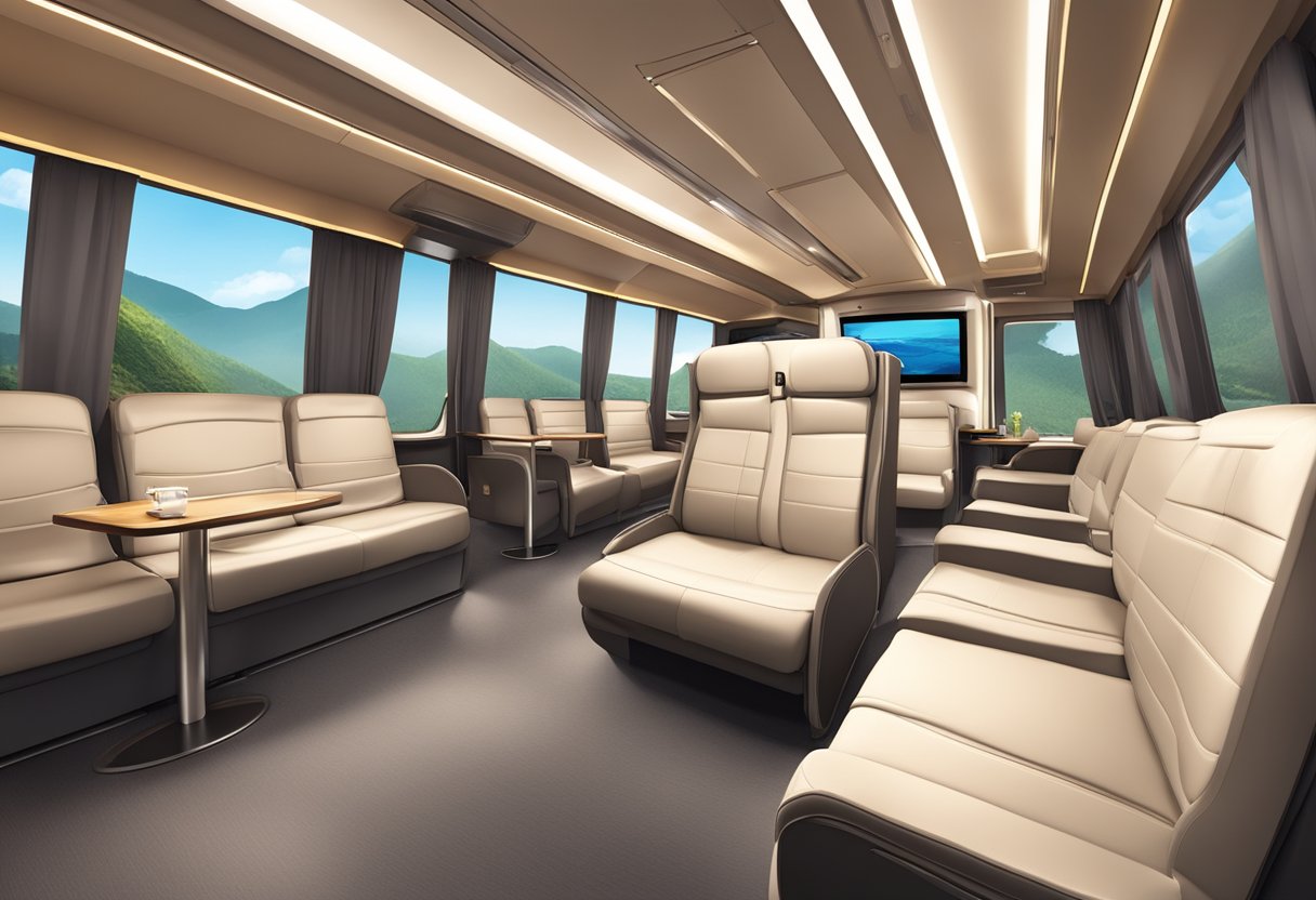 A luxurious coach interior with plush seating, ambient lighting, and personalized service for passengers traveling from Singapore to Genting