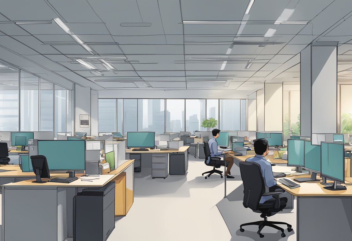 The office in Singapore is empty, with desks and chairs scattered around. A sense of uncertainty and tension fills the air as employees pack up their belongings